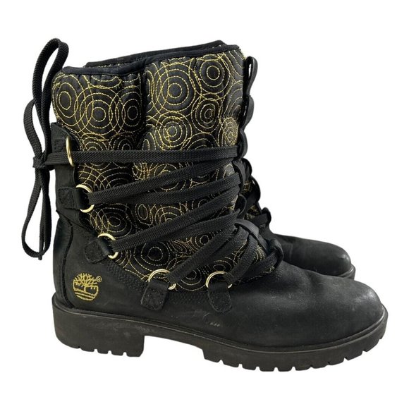 Timberland‎ Boots Women 9M Black Yellow Leather MidCalf Faux Fur Lined Round Toe - Picture 1 of 11